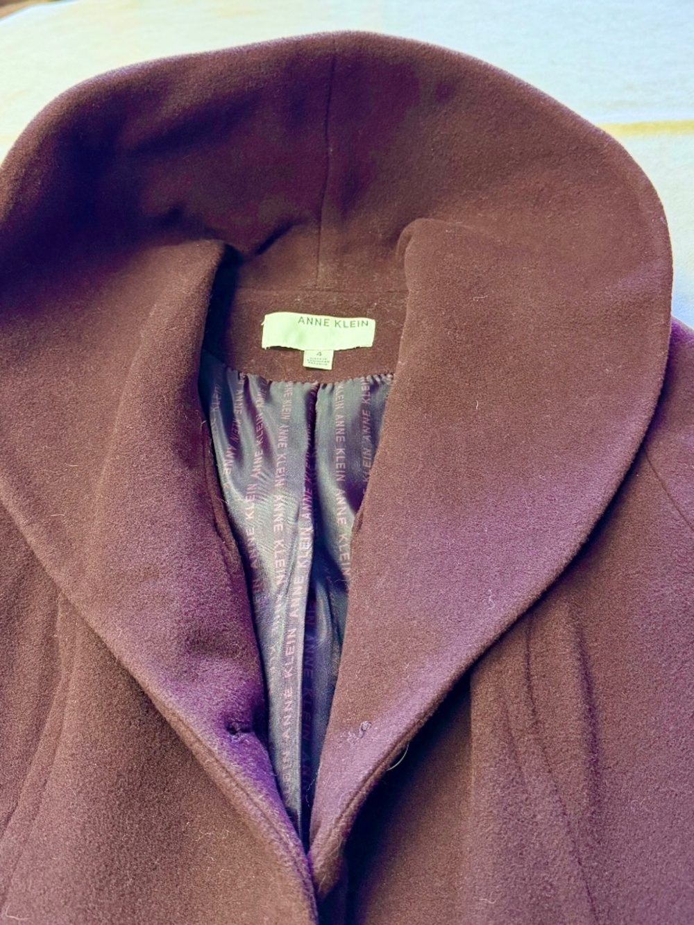 Anne Klein Wine/Burgundy Wool Blend A-Line Coat, Size 4 - like new - Picture 11 of 12